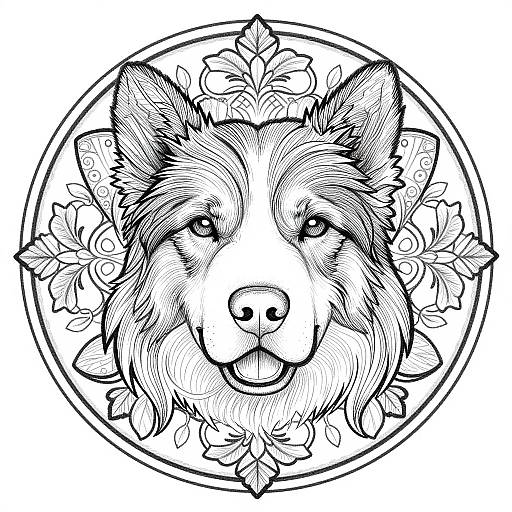 Black and white digital drawing of a smiling, detailed wolf head surrounded by floral patterns within a circular frame.