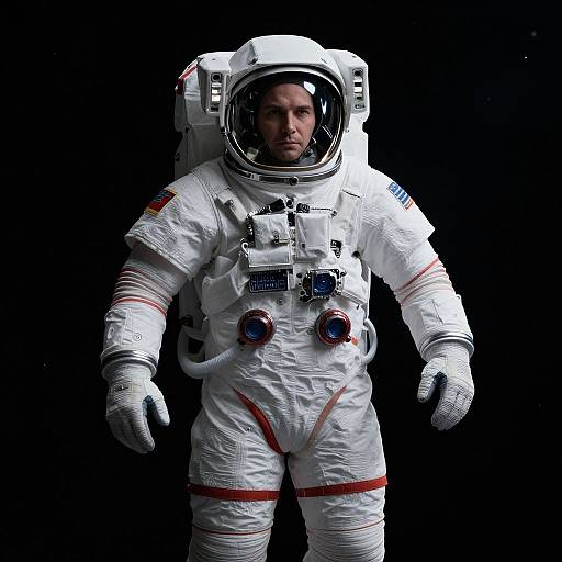 Photorealistic image of a serious male astronaut in white spacesuit with red accents, reflective helmet, and American flag patch, standing against a black background