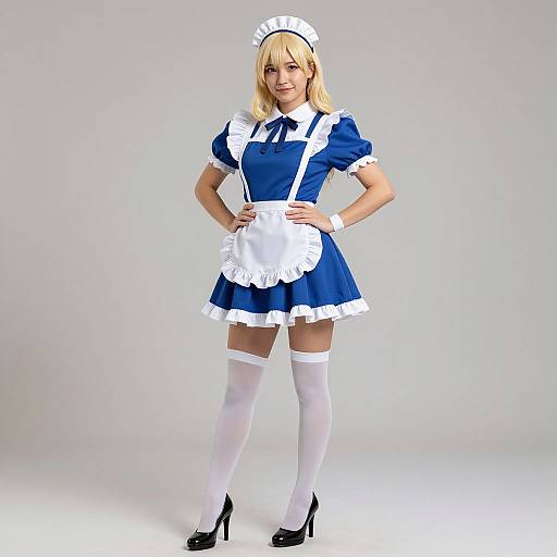 Photograph of a blonde woman in a blue and white French maid outfit, white thigh-high stockings, black high heels, and a white headpiece,