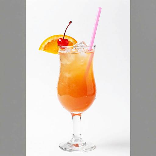 Photograph of a vibrant, orange tropical cocktail in a glass with a pink straw, orange slice, cherry garnish, and ice cubes, against a