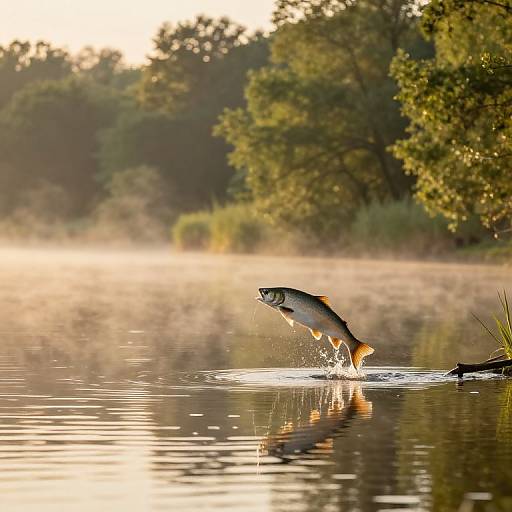 Photograph of a silver fish with orange fins leaping out of calm water at sunrise, reflected in the water, surrounded by lush green trees.