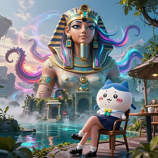 Digital artwork: Egyptian goddess with vibrant, multicolored hair, large breasts, and gold accessories sits beside a cute cat-ear plushie by a