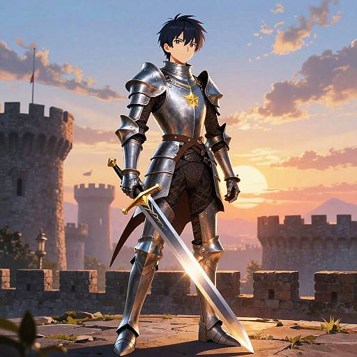 Anime-style illustration of a blue-haired knight in shiny silver armor with a sword, standing on a castle courtyard at sunset.
