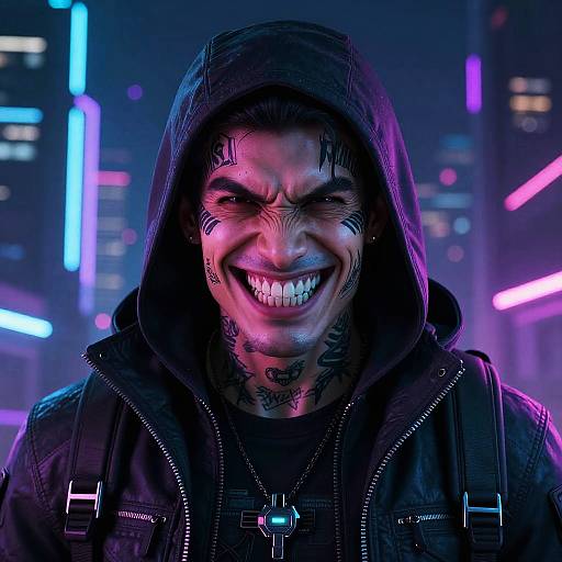 Photorealistic digital portrait of a grinning man with black face paint, hooded jacket, neon city background, and glowing tattoos.