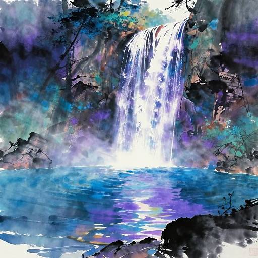 Digital painting of a vibrant, multi-colored waterfall cascading into a reflective blue pool, surrounded by dark, abstract rocky terrain.