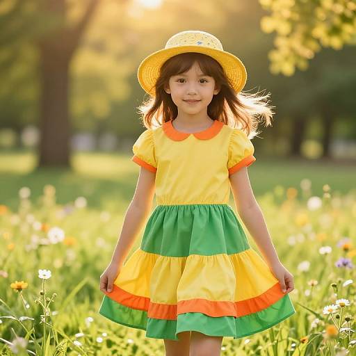 Photograph of a young Asian girl with light brown hair, wearing a yellow and green striped dress, orange collar, and straw hat, standing in a