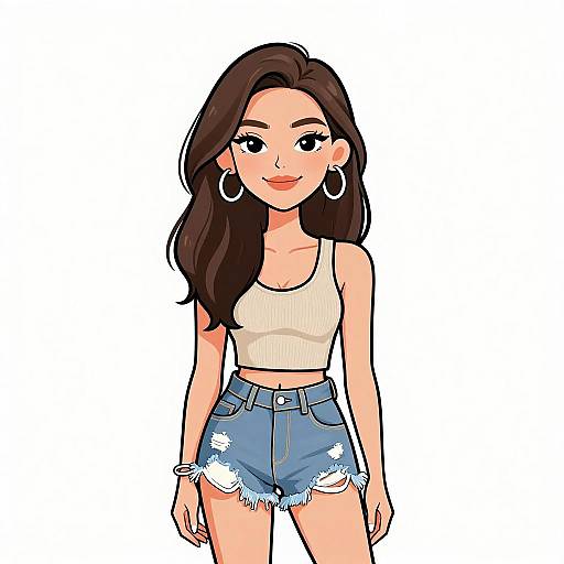 Digital cartoon of a smiling young woman with long brown hair, wearing a white crop top and frayed blue denim shorts, large hoop earrings, and a