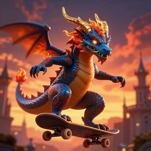 Digital artwork of a vibrant blue dragon with orange flames on its head and wings, skateboarding mid-air against a sunset sky with castle towers in the background