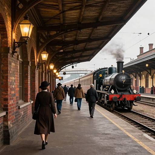 Photograph of a vintage brick train station with vintage steam locomotive, passengers in coats, yellow lanterns, and a covered platform.