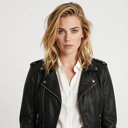 Serious Blonde in Black Leather Jacket