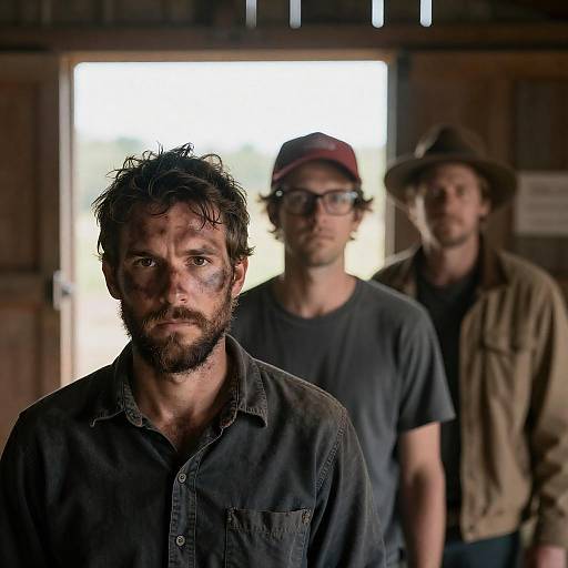 Men in a Barn with Intense Expressions