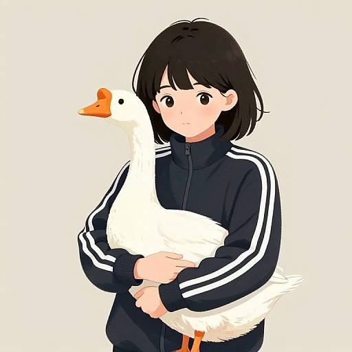 Anime-style digital drawing of a black-haired girl in a black track jacket, holding a white duck with an orange beak.