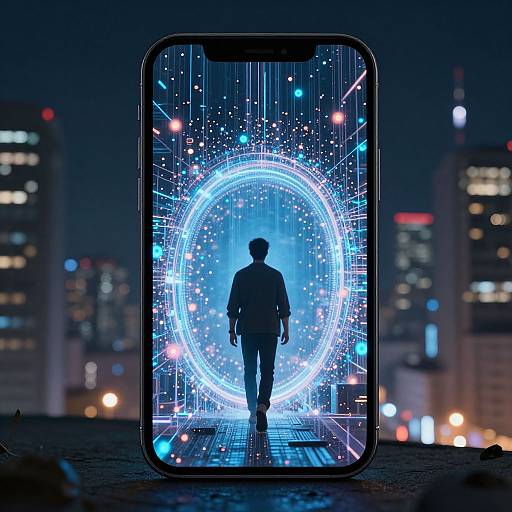 Digital artwork of a silhouetted figure walking towards a glowing, circular blue and white hologram on a smartphone screen, with a cityscape blurred