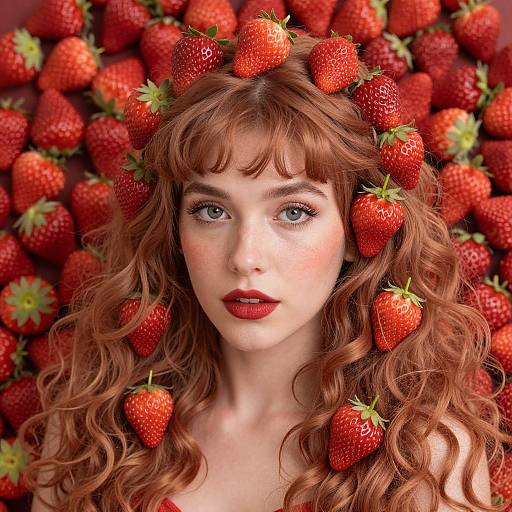 Photograph of a fair-skinned woman with red curly hair, red lipstick, surrounded by numerous bright red strawberries, creating a vibrant, fruit-filled background