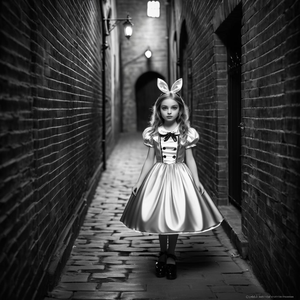 Monochrome Alice in a Dark Alleyway