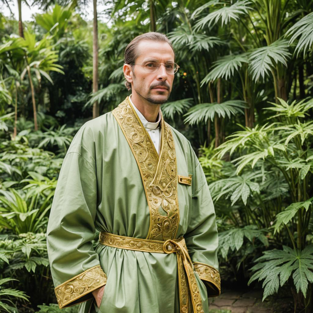 Priest in Gamboge Robe in Garden