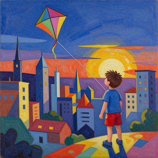 Abstract Child Flying Kite at Twilight