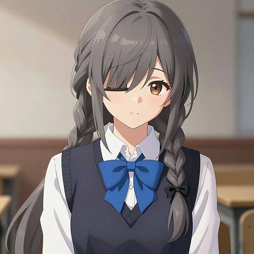Anime-style digital drawing of a cute, gray-haired girl with one eye closed, wearing a black sweater vest, white shirt, and blue bow, in