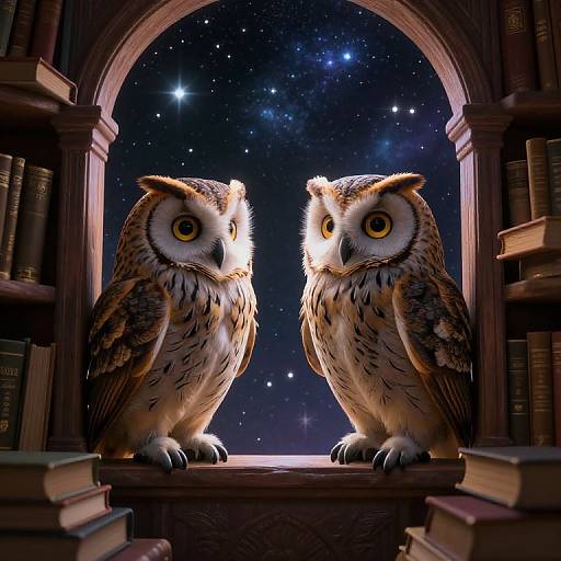 Photorealistic CGI of two large, detailed owls with striking yellow eyes, perched on a window ledge, framed by bookshelves, against