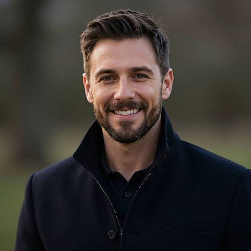 Photograph of a smiling, bearded man with short, dark brown hair, wearing a black collared shirt, against a blurred outdoor background.