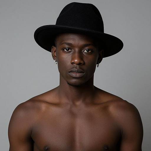 Photograph of a shirtless, dark-skinned Black man with a serious expression, wearing a black wide-brimmed hat against a plain light gray