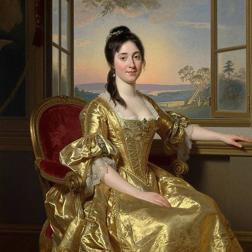 Painting of a fair-skinned, black-haired woman in an ornate, gold satin dress with lace trim, seated in a red velvet chair by