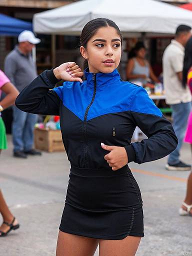 Photograph of a young Latina woman with dark hair in a blue and black zip-up dress, standing confidently at an outdoor market with blurred people and stalls