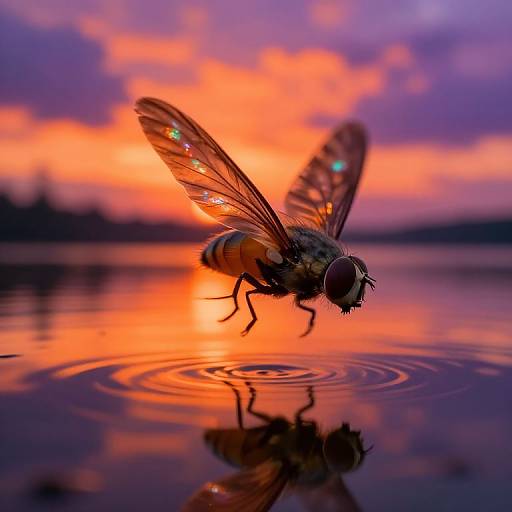 Photograph of a mosquito with iridescent wings, reflected in water, against a vibrant orange and purple sunset sky.