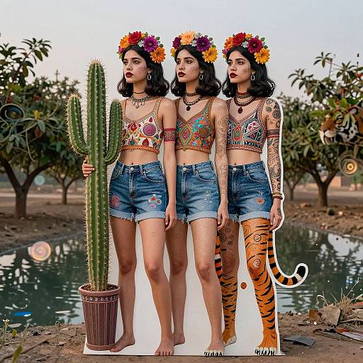 Photograph of three women with floral crowns, colorful crop tops, denim shorts, and arm tattoos, standing beside a cactus in a desert orch