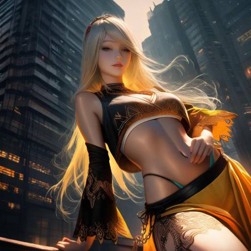 Blonde Girl in Colorful Summer Cityscape