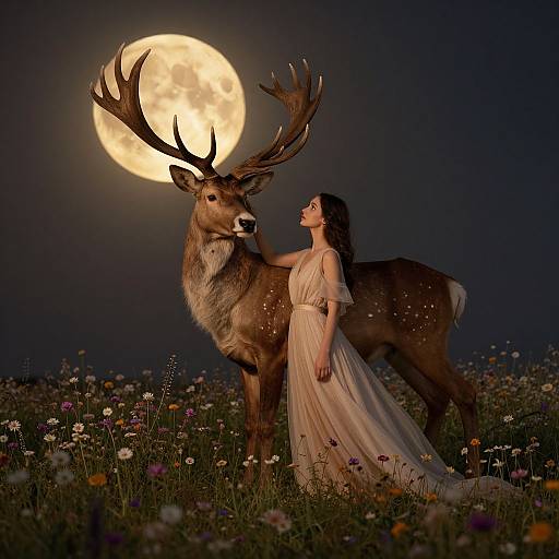 Photograph-style digital art of a woman in a flowing white dress, standing beside a majestic deer with large antlers, under a full moon, in