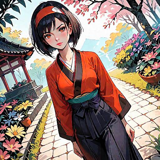 Anime Girl in Red Kimono and Hakama in Garden
