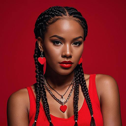 Portrait of Young Black Woman with Box Braids and Red Accessories