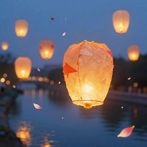 Twilight Riverside with Glowing Lanterns