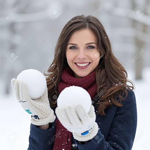 Photograph of a smiling woman with long brown hair, wearing a dark coat, red scarf, and white gloves, playfully throwing snowballs in a