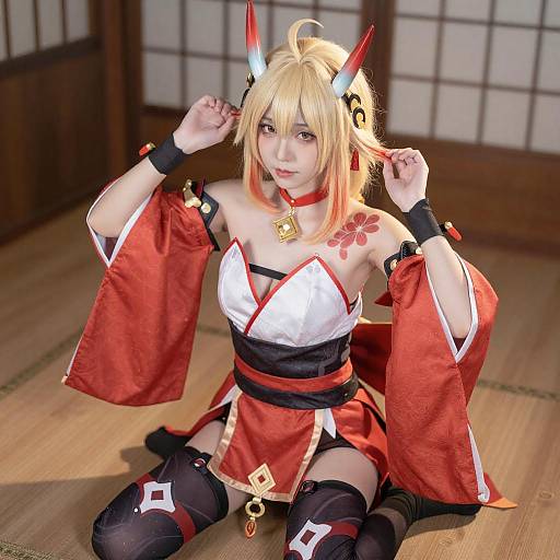 Asian Cosplayer in Red and White Kimono