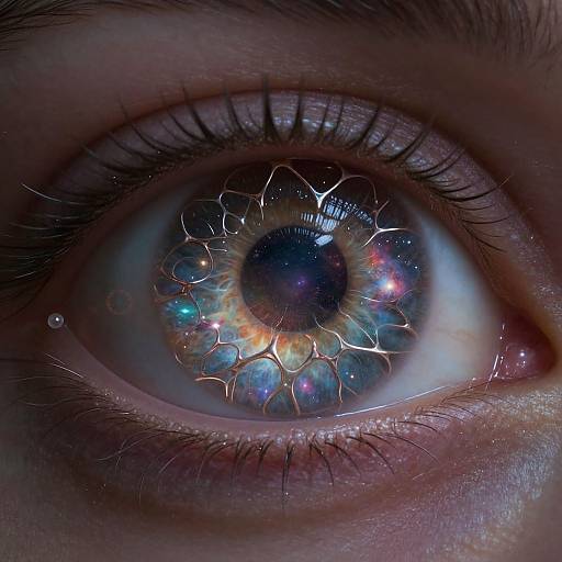 Close-up photograph of a human eye with a vibrant, cracked, multicolored iris resembling a galaxy, highlighting detailed textures and reflections.