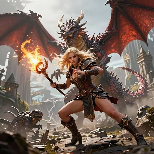Digital fantasy artwork: blonde warrior woman with fire staff, black armor, and short skirt, crouches in front of a red dragon in a ruined