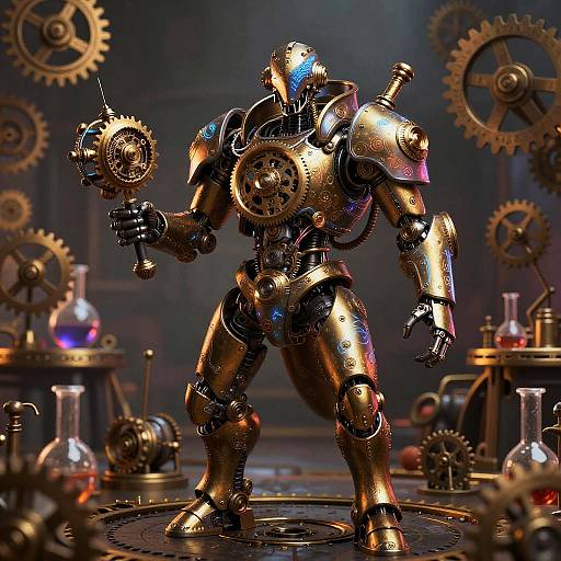 Photorealistic CGI of a golden, robotic warrior holding a glowing orb, standing in a steampunk lab with gears and glass flasks.
