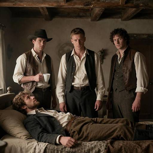 Four Men in Period Clothing in Rustic Room