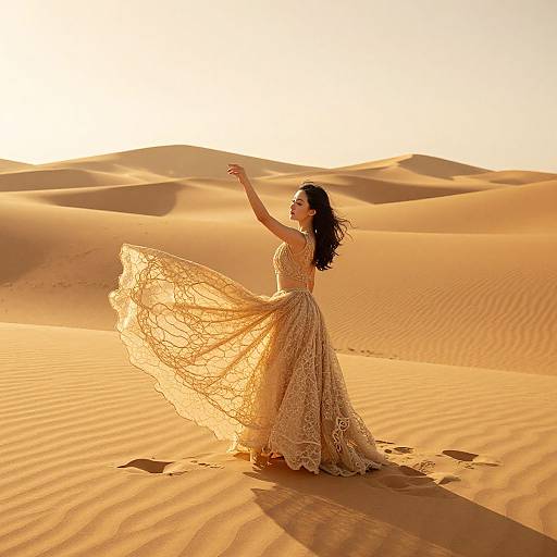 Photograph of a woman in a flowing, lace, beige dress dancing in a sunlit, golden desert with rolling sand dunes.