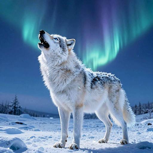 Photograph of a howling wolf with white and gray fur, standing in snowy landscape under vibrant green and purple Northern Lights.