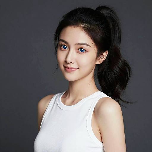 Digital portrait of a young Asian woman with blue eyes, black hair in a ponytail, wearing a white tank top, smiling against a dark gray background
