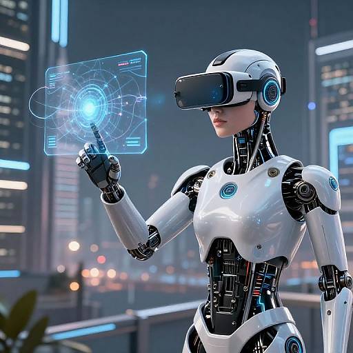 Photorealistic CGI of a female humanoid robot in a futuristic city, wearing a VR headset, pointing at a holographic interface.