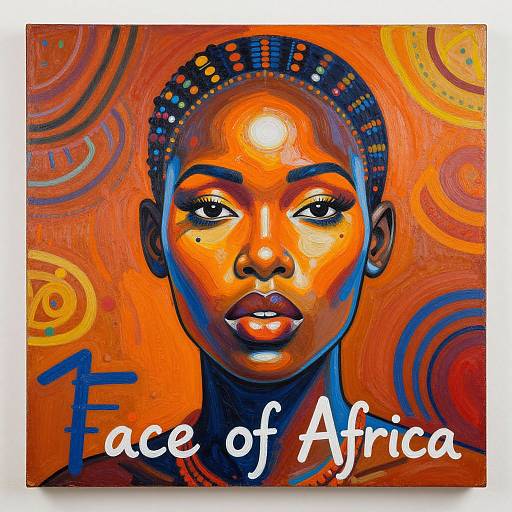 Vibrant digital painting of an African woman with braided hair, orange and red swirl background, bold colors, text 