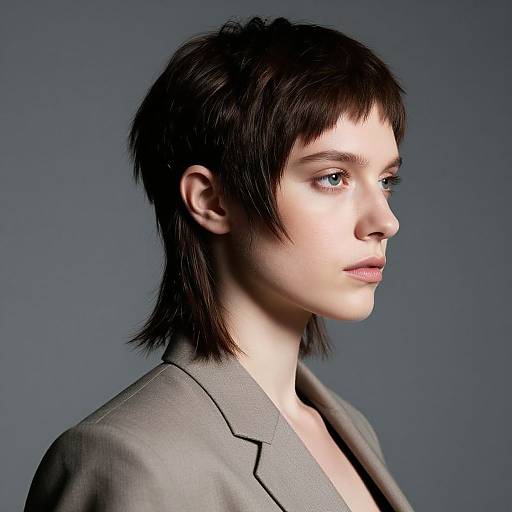 Photograph of a pale-skinned woman with short black hair, blue eyes, and a serious expression, wearing a grey blazer, against a plain