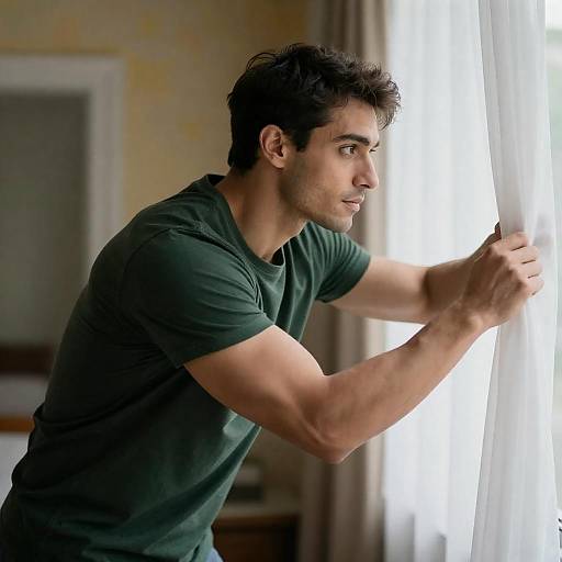 Focused Man Gazing Through Sheer Curtains