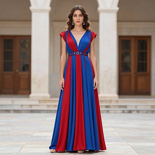 Photograph of a brunette woman with wavy hair, wearing a sleeveless, V-neck, red and blue striped gown, standing in front of a
