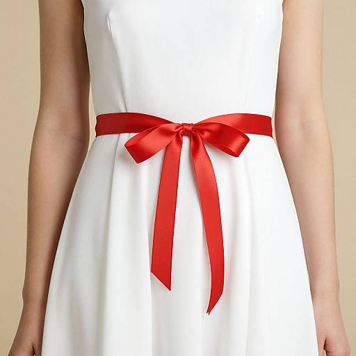 Photograph of a person wearing a white dress with a vibrant red satin ribbon tied in a bow at the waist.