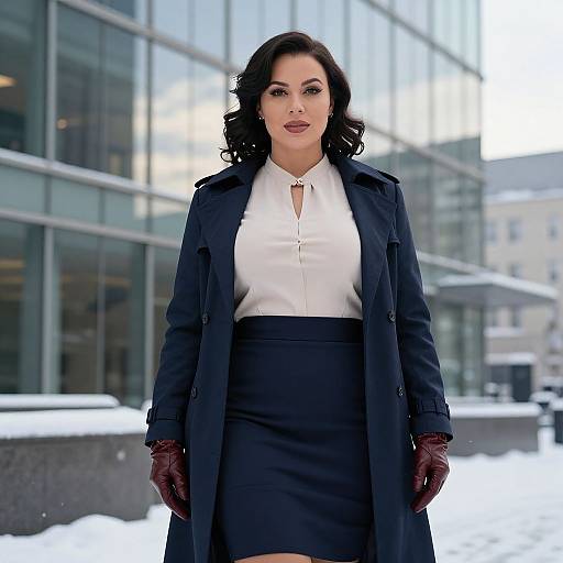Photograph of a confident woman with dark curly hair, wearing a white blouse, black skirt, navy coat, and maroon gloves, standing in a